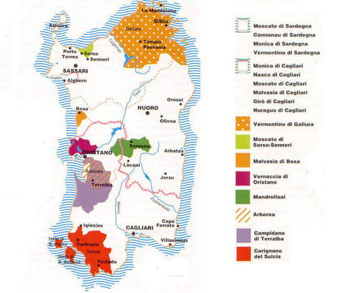 La mappa dei vini prodotti in Sardegna